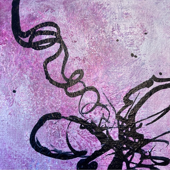 Original Abstract Calligraphy Butterfly Inspired Acrylic Pink Mini Painting, 6x6 - Picture 2 of 9